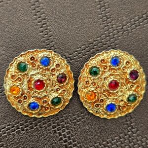 Vintage Abstract 1950s LARGE Gold Tone Multicolor Crystals Clip On Earrings